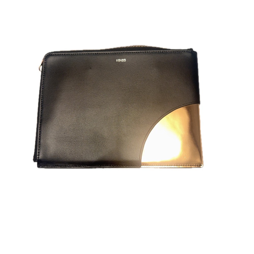 KENZO Clutch Black & Gold Leather Geometric‎ Accents Evening Bag